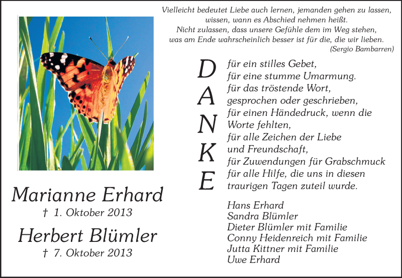  Traueranzeige für Marianne Erhard vom 26.10.2013 aus Echo-Zeitungen (Gesamtausgabe)