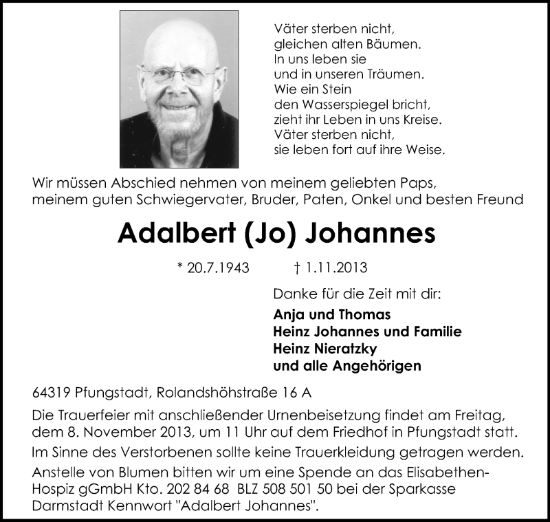  Traueranzeige für Adalbert Johannes vom 06.11.2013 aus Echo-Zeitungen (Gesamtausgabe)