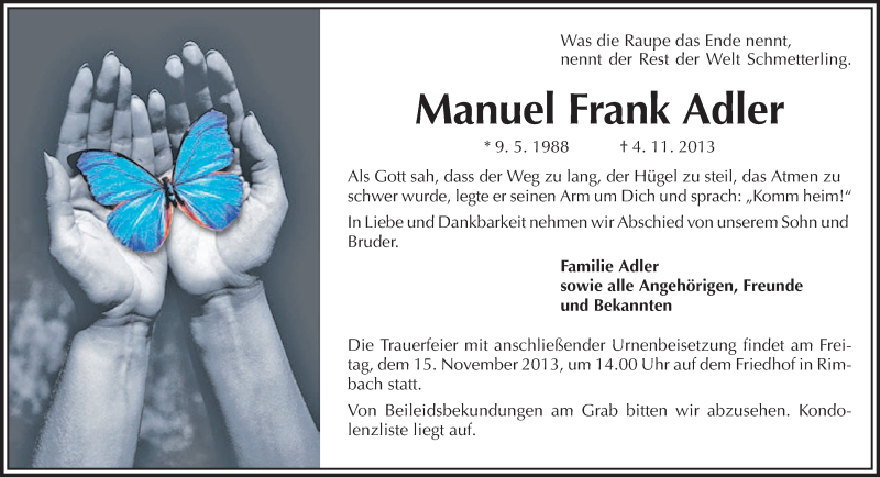  Traueranzeige für Manuel Frank Adler vom 09.11.2013 aus Starkenburger Echo