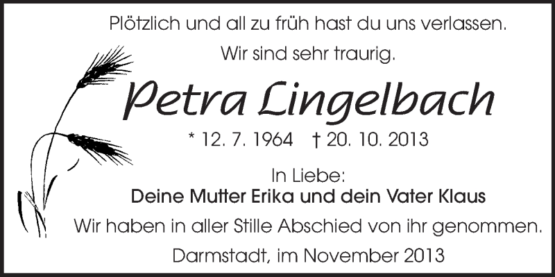  Traueranzeige für Petra Lingelbach vom 09.11.2013 aus Echo-Zeitungen (Gesamtausgabe)