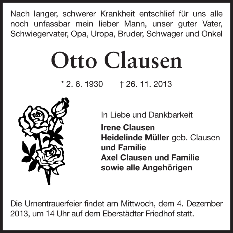  Traueranzeige für Otto Clausen vom 30.11.2013 aus Echo-Zeitungen (Gesamtausgabe)