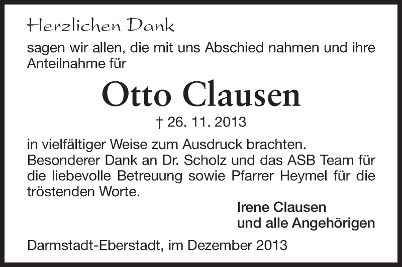  Traueranzeige für Otto Clausen vom 07.12.2013 aus Echo-Zeitungen (Gesamtausgabe)