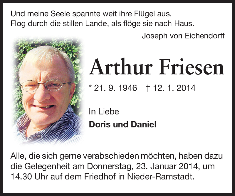  Traueranzeige für Arthur Friesen vom 18.01.2014 aus Echo-Zeitungen (Gesamtausgabe)