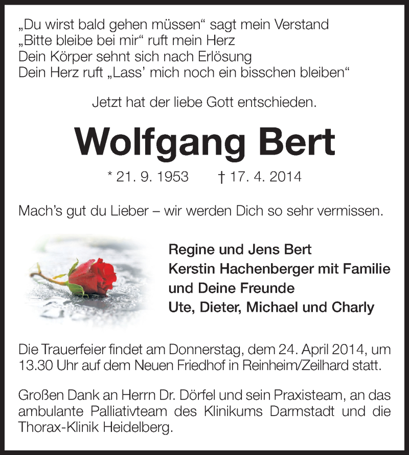  Traueranzeige für Wolfgang Bert vom 22.04.2014 aus Echo-Zeitungen (Gesamtausgabe)