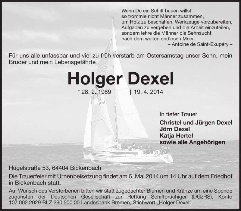  Traueranzeige für Holger Dexel vom 30.04.2014 aus Echo-Zeitungen (Gesamtausgabe)