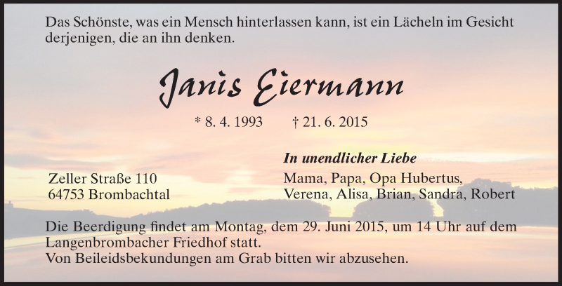  Traueranzeige für Janis Eiermann vom 26.06.2015 aus Echo-Zeitungen (Gesamtausgabe)