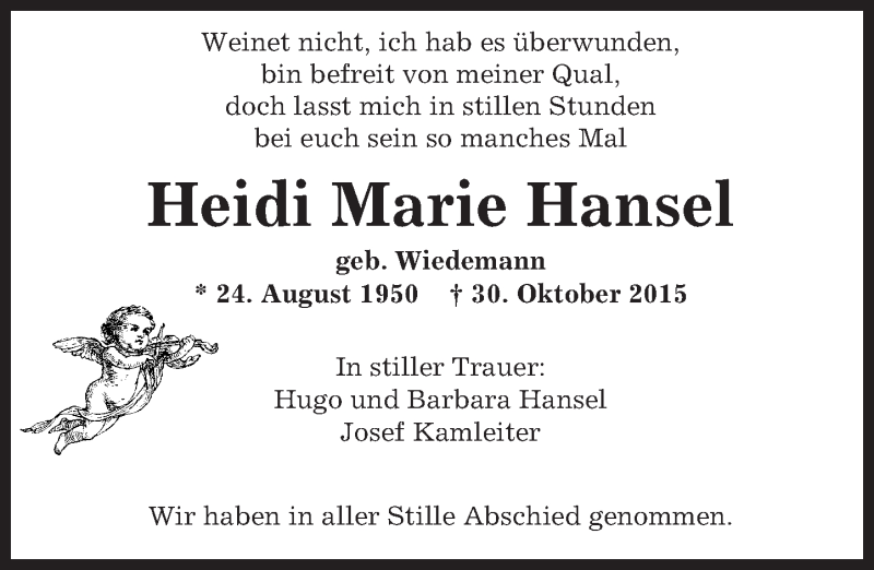  Traueranzeige für Heidi Marie Hansel vom 14.11.2015 aus trauer.echo-online.de