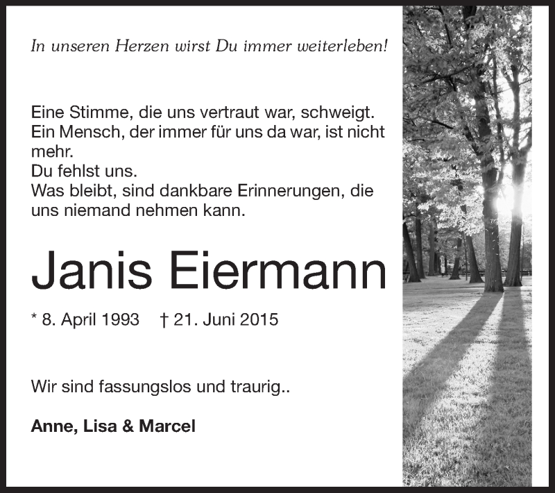  Traueranzeige für Janis Eiermann vom 29.06.2015 aus Odenwälder Echo