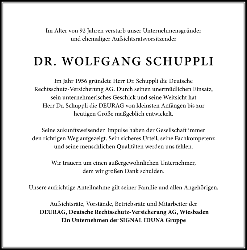  Traueranzeige für Wolfgang Schuppli vom 09.05.2015 aus  WI-komplett