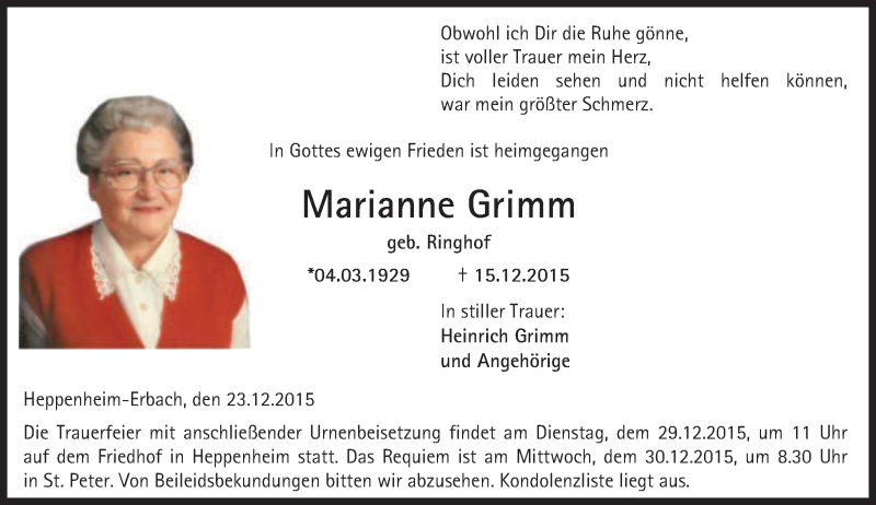  Traueranzeige für Marianne Grimm vom 23.12.2015 aus trauer.echo-online.de