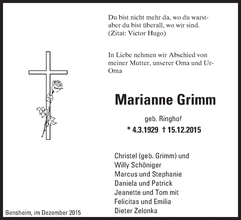  Traueranzeige für Marianne Grimm vom 28.12.2015 aus trauer.echo-online.de