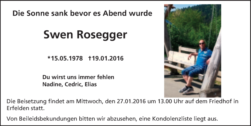  Traueranzeige für Swen Rosegger vom 23.01.2016 aus trauer.echo-online.de