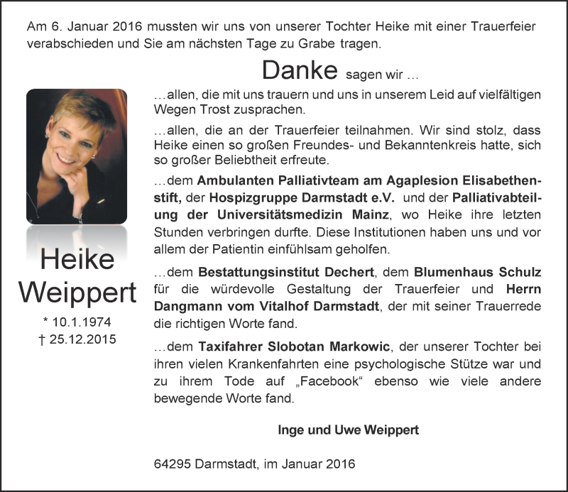  Traueranzeige für Heike Weippert vom 30.01.2016 aus trauer.echo-online.de