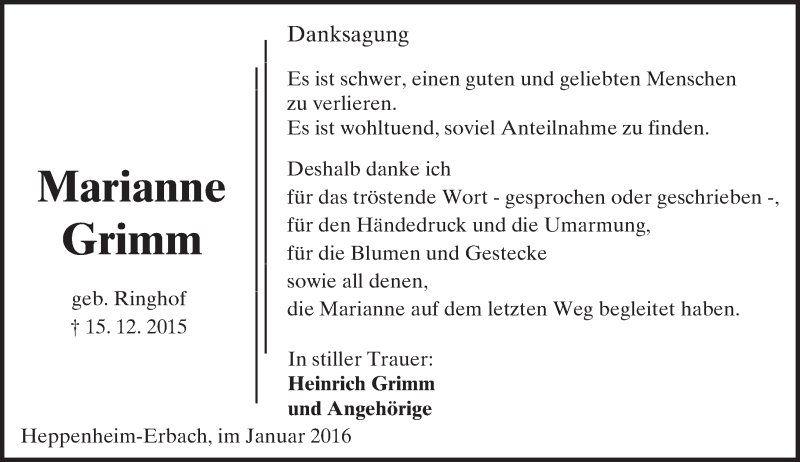  Traueranzeige für Marianne Grimm vom 08.01.2016 aus trauer.echo-online.de