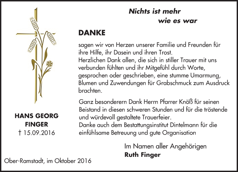  Traueranzeige für Hans Georg Finger vom 22.10.2016 aus Trauerportal Echo Online