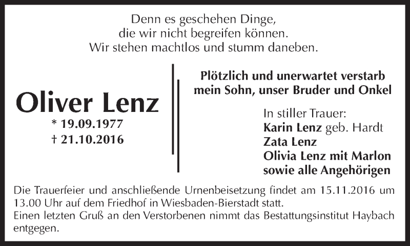  Traueranzeige für Oliver Lenz vom 12.11.2016 aus Trauerportal Rhein Main Presse