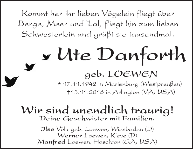  Traueranzeige für Ute Danforth vom 19.11.2016 aus  Wiesbaden komplett