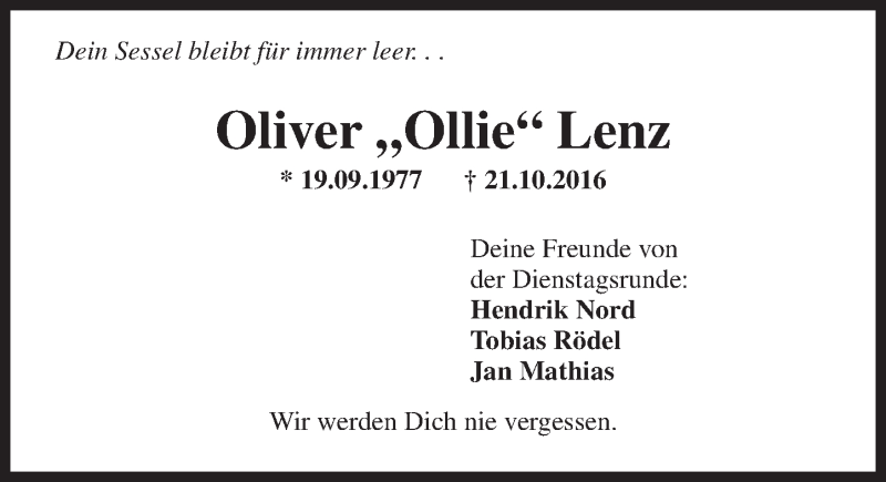 Traueranzeige für Oliver Lenz vom 12.11.2016 aus Trauerportal Rhein Main Presse