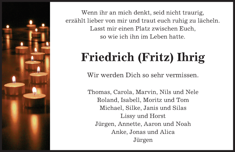  Traueranzeige für Friedrich Ihrig vom 10.12.2016 aus Trauerportal Echo Online