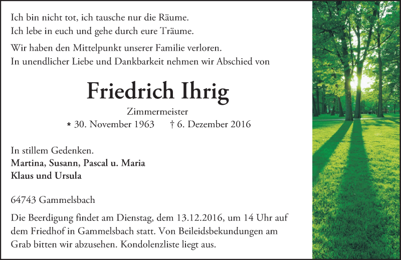 Traueranzeige für Friedrich Ihrig vom 10.12.2016 aus Trauerportal Echo Online