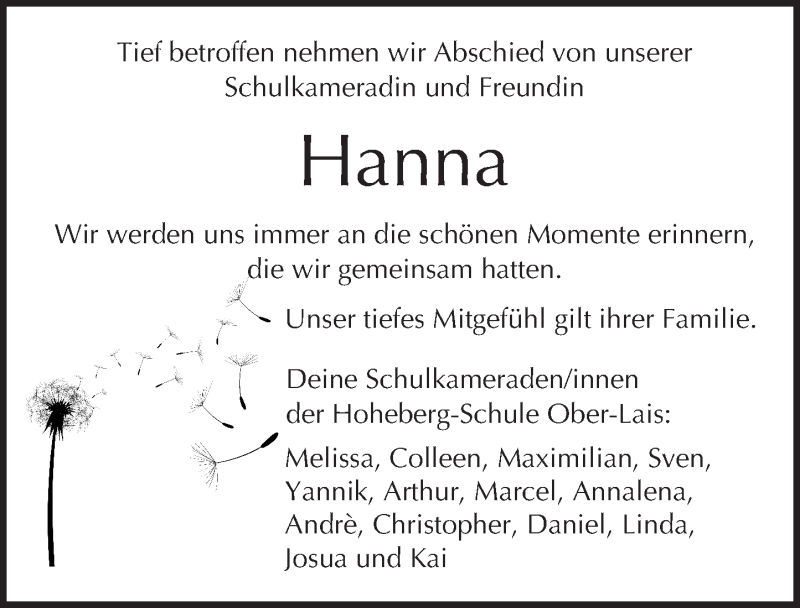  Traueranzeige für Hanna  vom 07.12.2016 aus  Kreisanzeiger