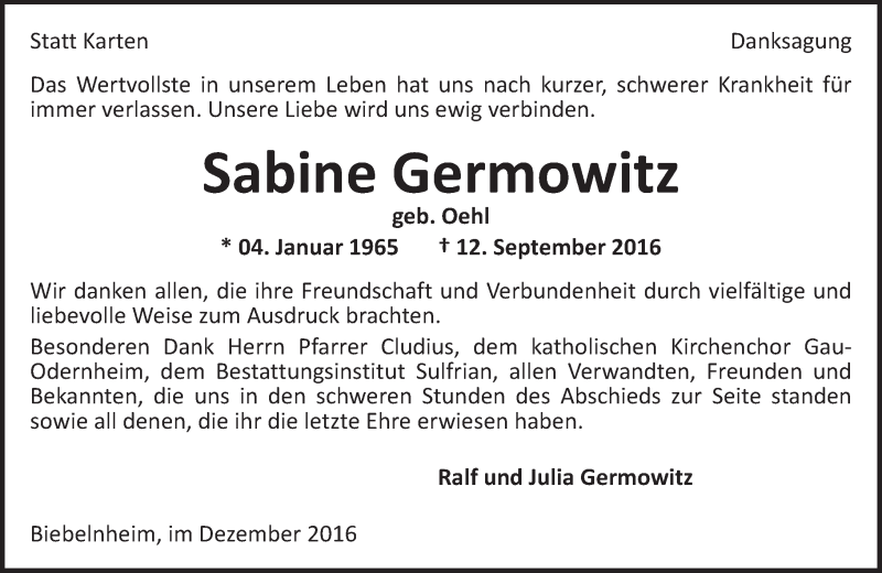  Traueranzeige für Sabine Germowitz vom 31.12.2016 aus Trauerportal Rhein Main Presse