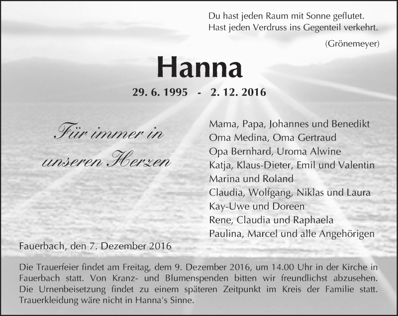  Traueranzeige für Hanna  vom 07.12.2016 aus  Kreisanzeiger