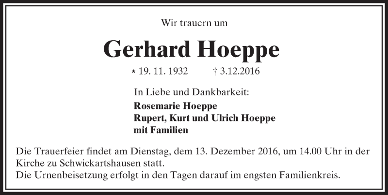  Traueranzeige für Gerhard Hoeppe vom 08.12.2016 aus  Kreisanzeiger