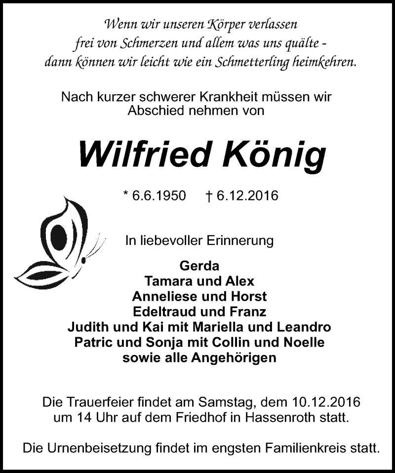  Traueranzeige für Wilfried König vom 08.12.2016 aus Trauerportal Echo Online