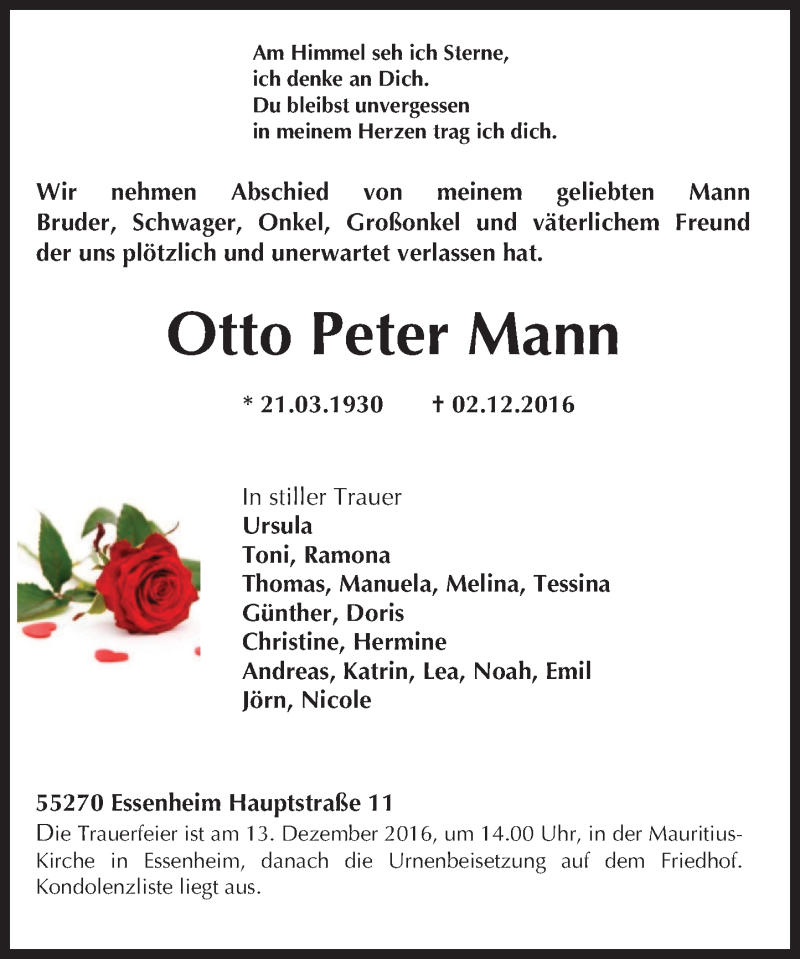  Traueranzeige für Otto Peter Mann vom 13.12.2016 aus Trauerportal Rhein Main Presse
