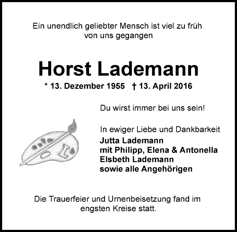  Traueranzeige für Horst Lademann vom 30.04.2016 aus  Wiesbaden komplett