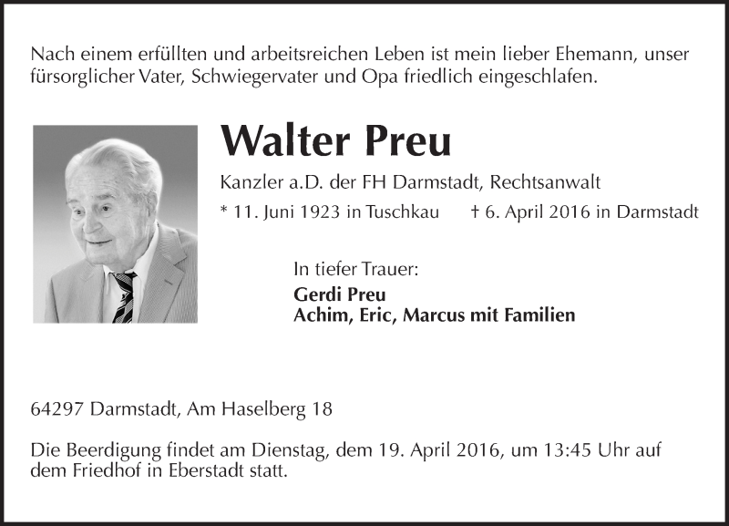  Traueranzeige für Walter Preu vom 16.04.2016 aus trauer.echo-online.de