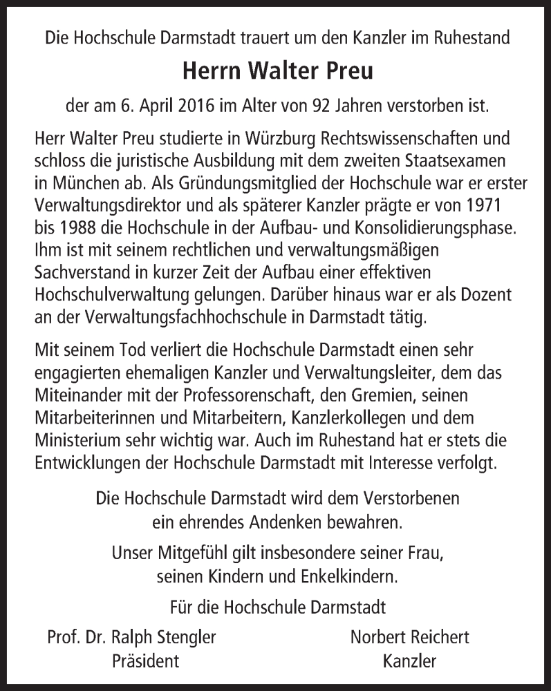  Traueranzeige für Walter Preu vom 16.04.2016 aus trauer.echo-online.de