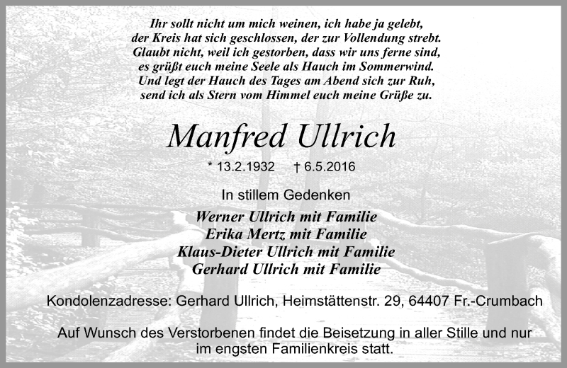  Traueranzeige für Manfred Ullrich vom 10.05.2016 aus Trauerportal Echo Online
