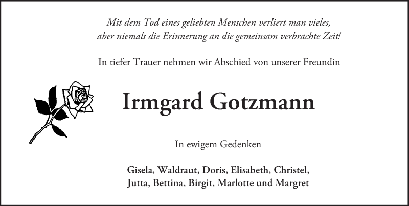  Traueranzeige für Irmgard Gotzmann vom 14.05.2016 aus Trauerportal Echo Online