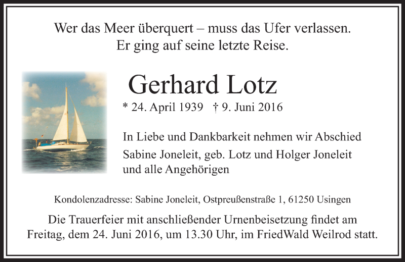  Traueranzeige für Gerhard Lotz vom 18.06.2016 aus  Usinger Anzeiger