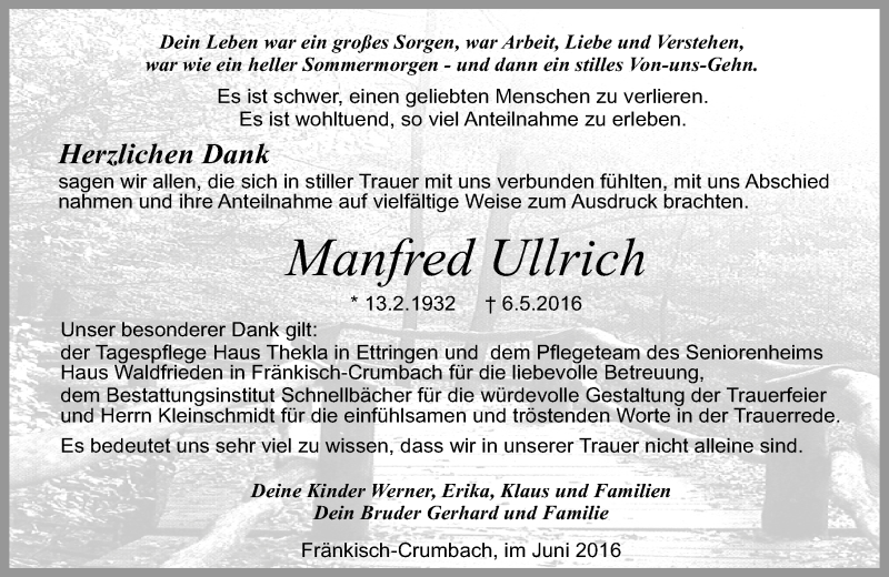  Traueranzeige für Manfred Ullrich vom 25.06.2016 aus Trauerportal Echo Online