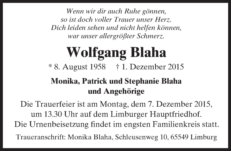  Traueranzeige für Wolfgang Blaha vom 03.12.2015 aus  Camberger Anzeiger