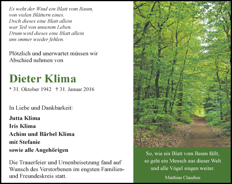  Traueranzeige für Dieter Klima vom 06.02.2016 aus  Idsteiner Zeitung