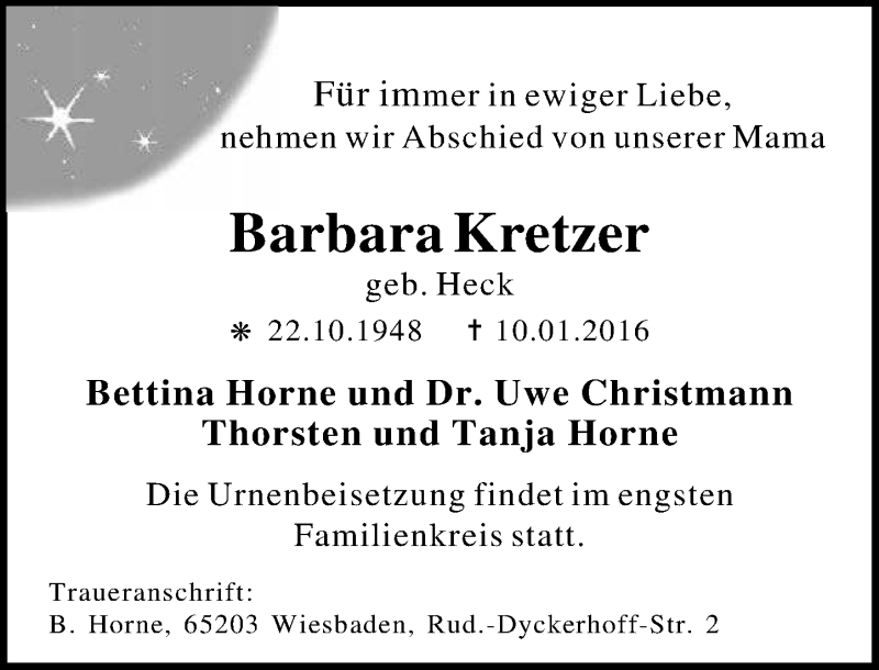  Traueranzeige für Barbara Kretzer vom 16.01.2016 aus  Wiesbaden komplett