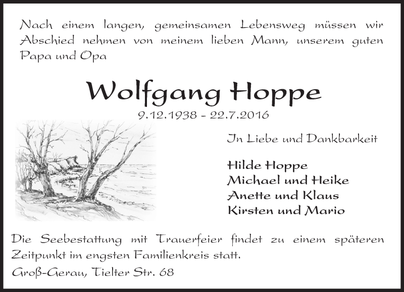  Traueranzeige für Wolfgang Hoppe vom 30.07.2016 aus Trauerportal Echo Online