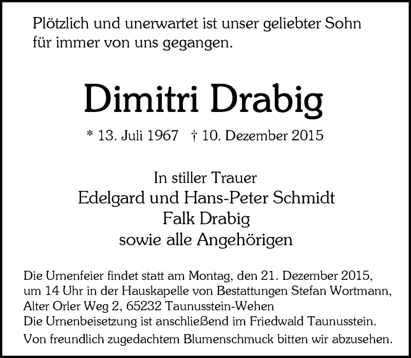  Traueranzeige für Dimitri Drabig vom 16.12.2015 aus  WK-UTA/Aar-Bote