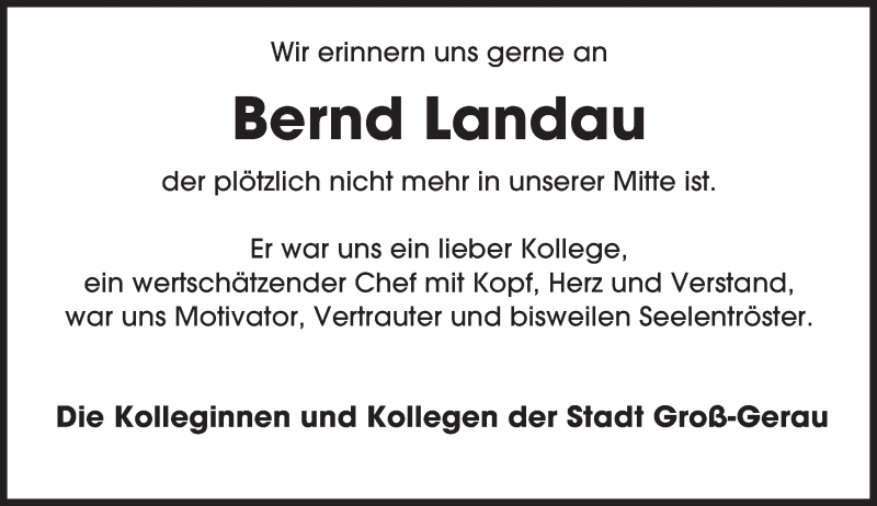  Traueranzeige für Bernd Landau vom 25.08.2015 aus Darmstädter Echo