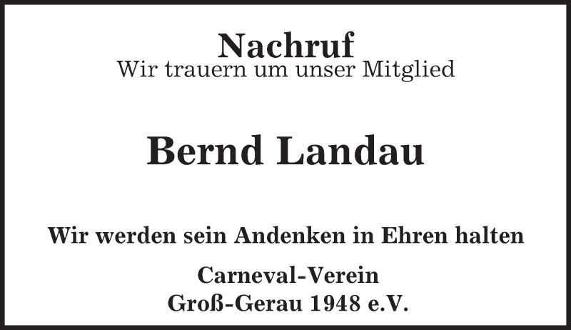  Traueranzeige für Bernd Landau vom 28.08.2015 aus Darmstädter Echo