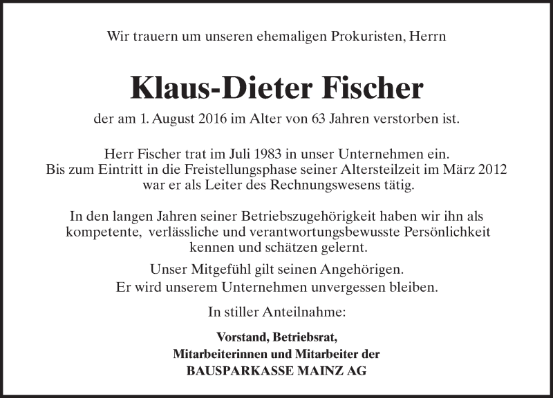  Traueranzeige für Klaus-Dieter Fischer vom 06.08.2016 aus Trauerportal Rhein Main Presse