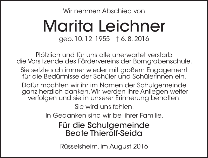  Traueranzeige für Marita Leichner vom 10.08.2016 aus Trauerportal Rhein Main Presse