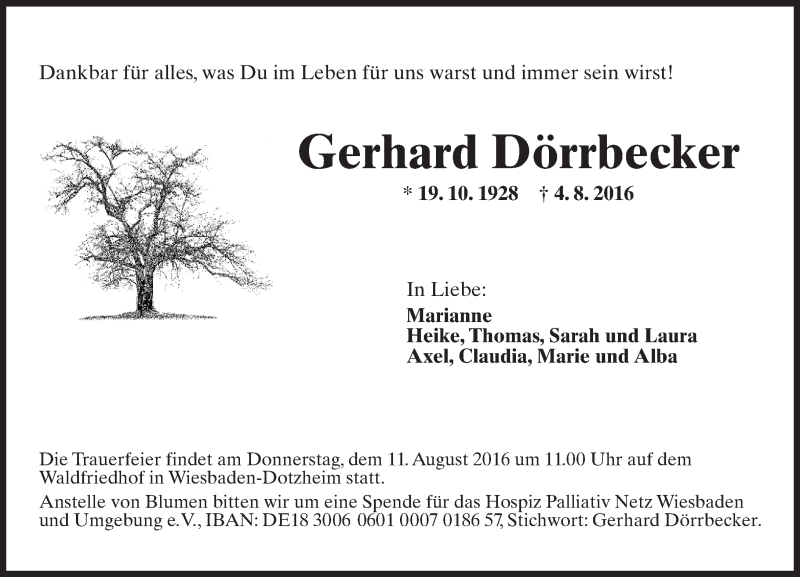  Traueranzeige für Gerhard Dörrbecker vom 06.08.2016 aus Trauerportal Rhein Main Presse