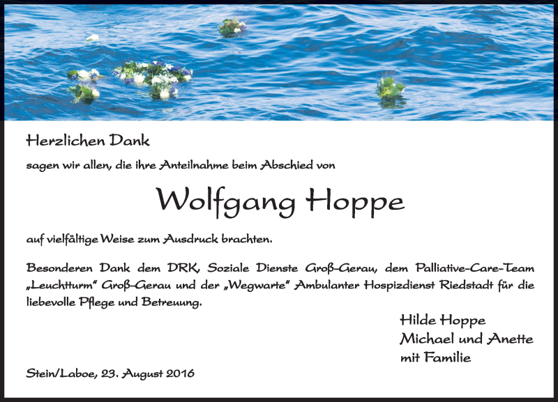  Traueranzeige für Wolfgang Hoppe vom 10.09.2016 aus Trauerportal Echo Online