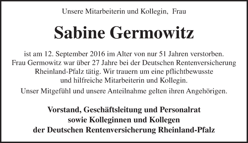  Traueranzeige für Sabine Germowitz vom 17.09.2016 aus Trauerportal Rhein Main Presse