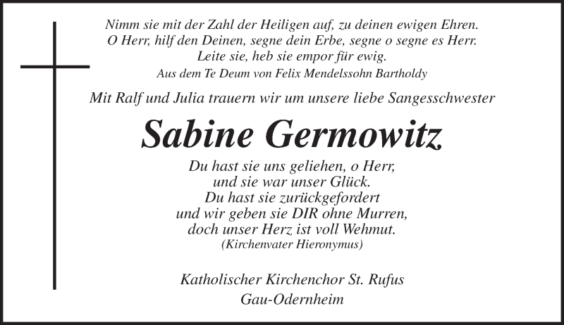  Traueranzeige für Sabine Germowitz vom 16.09.2016 aus Trauerportal Rhein Main Presse